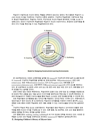 학습자가 자발적으로 자신이 원하는 책들을 선택하여 읽는다는 점에서, 독서 활동은 학습자가 스
스로 자신의 지식을 구성한다는 구성주의 이론과 상응한다. 구성주의 학습환경은 기본적으로 학습
자 중심의 학습환경이다. 학습자는 적극적, 주도적으로 자신의 학습에 참여하며, 지식을 스스로 구
성해나간다. 따라서 구성주의적 학습환경은 학습자가 자신의 사전지식이나, 환경과의 상호작용을 통
하여 지식 구성을 촉진시킬 수 있는 학습환경이어야 한다.

본 프로젝트에서는 미래의 교육환경을 설계할 때, Jonassen의 구성주의적 환경 설계 요소를 참고한
다. Jonassen은 구성주의 학습환경을 설계할 때, 문제/프로젝트 기반(problem/project), 관련 사례
(related cases), 정보 자원(information resources), 인지 도구(cognitive tool), 대화/협동 도구
(conversation/collaboration tool), 사회/맥락적 지원(social/contextual support)의 6가지 요소를 제안하고
있다. 본 프로젝트의 도서관은 6개의 고려 요소 중 관련 사례, 정보 자원, 인지 도구, 대화/협동 도구
에 초점을 두고 설계될 것이다.
관련 사례와 정보 자원의 측면에서는, 학습자에게 도움이 되는 관련 정보 및 사례들을 제공함으로
써 단순히 책의 내용을 읽는 것을 넘어서 지식구조를 점진적으로 확장시킬 수 있도록 촉진하며, 미
래의 테크놀로지가 적용된 디바이스들을 통해 학습자 스스로도 관련 정보를 탐색할 수 있도록 한다.
또한 학습자들의 인지활동을 돕는 인지도구를 제공한다. 인지도구로는 시각화 도구, 수행지원도구,
정보수집도구 등이 있는데, 본 도서관에서는 학습자의 인지활동을 지원하기 위하여 종이책, e-book,
체험관 프로그램의 다양한 학습매체, 또한 이를 사용할 수 있는 디바이스들을 인지도구로 설정하였
다.
구성주의 학습의 핵심 요소는 상호작용이다. 학습자들은 동료 학습자나 교수자와의 원활한 상호
작용을 통해 자신의 지식을 구성해나갈 수 있다. 토론 활동, 팀 프로젝트, 보조 교사 등을 활용하여
대화와 협력을 추구하는 환경을 설계할 것이다.
교수 활동으로는 modeling, coaching, scaffolding의 세 가지 정교화 전략을 제시하고 있다. 이러한 전
략들은 도서관 내의 학습을 전체적으로 관리하는 humanware의 역할에서 살펴보도록 한다.

Ⅱ. Designing Children’s library of 20years later

 