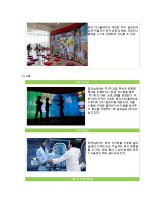 유리 디스플레이가 가능한 벽이 설치되어
있어 학습자가 휴식 공간의 배경 사진이나
음악을 스스로 선택하여 감상할 수 있다.

(3) B동
1층 강의실
강의실에서는 주기적으로 독서와 관련된
특강을 진행하거나 화상 시스템을 통한
‘작가와의 대화’ 프로그램을 운영한다. 벽
은 터치 조작이 가능한 유리 디스플레이로
이루어져 있어 칠판처럼 이용되며, 이를
이용해 다양한 멀티미디어 자료를 보여주
며 특강을 진행한다. 제1강의실과 제2강의
실이 있다.

1층 토론실

토론실에서는 화상 시스템을 이용해 멀리
떨어진 지역에 있는 학습자와 독서 토론을
할 수 있다. 화상 통신 기능이 탑재된 유리
디스플레이 벽이 설치되어 있다.

1층 팀 프로젝트실

 