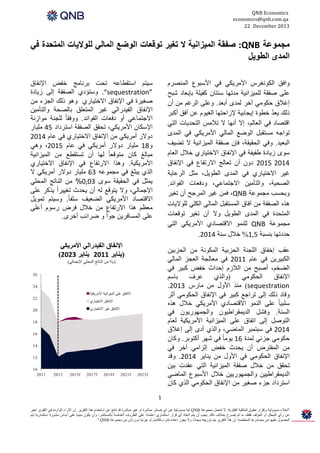 ‫  ‪QNB  Economics‬‬
‫  ‪economics@qnb.com.qa‬‬
‫  3102  ‪22   December‬‬

‫  ‬

‫ﻣﺠﻤﻮﻋﺔ ‪ :QNB‬ﺻﻔﻘﺔ ﺍاﻟﻤﻴﯿﺰﺍاﻧﻴﯿﺔ ﻻ ﺗﻐﻴﯿﺮ ﺗﻮﻗﻌﺎﺕت ﺍاﻟﻮﺿﻊ ﺍاﻟﻤﺎﻟﻲ ﻟﻠﻮﻻﻳﯾﺎﺕت ﺍاﻟﻤﺘﺤﺪﺓة ﻓﻲ‬
‫ﺍاﻟﻤﺪﻯى ﺍاﻟﻄﻮﻳﯾﻞ‬
‫ﻭوﺍاﻓﻖ ﺍاﻟﻜﻮﻧﻐﺮﺱس ﺍاﻷﻣﺮﻳﯾﻜﻲ ﻓﻲ ﺍاﻷﺳﺒﻮﻉع ﺍاﻟﻤﻨﺼﺮﻡم‬
‫ﻋﻠﻰ ﺻﻔﻘﺔ ﻟﻠﻤﻴﯿﺰﺍاﻧﻴﯿﺔ ﻣﺪﺗﻬﮭﺎ ﺳﻨﺘﺎﻥن ﻛﻔﻴﯿﻠﺔ ﺑﺈﺑﻌﺎﺩد ﺷﺒﺢ‬
‫ﺇإﻏﻼﻕق ﺣﻜﻮﻣﻲ ﺁآﺧﺮ ﻟﻤﺪﻯى ﺃأﺑﻌﺪ. ﻭوﻋﻠﻰ ﺍاﻟﺮﻏﻢ ﻣﻦ ﺃأﻥن‬
‫ّ‬
‫ﺫذﻟﻚ ﻳﯾﻌﺪ ﺧﻄﻮﺓة ﺇإﻳﯾﺠﺎﺑﻴﯿﺔ ﻹﺯزﺍاﺣﺘﻬﮭﺎ ﺍاﻟﻐﻴﯿﻮﻡم ﻋﻦ ﺃأﻓﻖ ﺃأﻛﺒﺮ‬
‫ﺍاﻗﺘﺼﺎﺩد ﻓﻲ ﺍاﻟﻌﺎﻟﻢ٬، ﺇإﻻ ﺃأﻧﻬﮭﺎ ﻻ ﺗﻼﻣﺲ ﺍاﻟﺘﺤﺪﻳﯾﺎﺕت ﺍاﻟﺘﻲ‬
‫ﺗﻮﺍاﺟﻪﮫ ﻣﺴﺘﻘﺒﻞ ﺍاﻟﻮﺿﻊ ﺍاﻟﻤﺎﻟﻲ ﺍاﻷﻣﺮﻳﯾﻜﻲ ﻓﻲ ﺍاﻟﻤﺪﻯى‬
‫ﺍاﻟﺒﻌﻴﯿﺪ. ﻭوﻓﻲ ﺍاﻟﺤﻘﻴﯿﻘﺔ٬، ﻓﺈﻥن ﺻﻔﻘﺔ ﺍاﻟﻤﻴﯿﺰﺍاﻧﻴﯿﺔ ﻻ ﺗﻀﻴﯿﻒ‬
‫ﺳﻮﻯى ﺯزﻳﯾﺎﺩدﺓة ﻁطﻔﻴﯿﻔﺔ ﻓﻲ ﺍاﻹﻧﻔﺎﻕق ﺍاﻻﺧﺘﻴﯿﺎﺭرﻱي ﺧﻼﻝل ﺍاﻟﻌﺎﻡم‬
‫4102 5102 ﺩدﻭوﻥن ﺃأﻥن ﺗﻌﺎﻟﺞ ﺍاﻻﺭرﺗﻔﺎﻉع ﻓﻲ ﺍاﻹﻧﻔﺎﻕق‬
‫ﻏﻴﯿﺮ ﺍاﻻﺧﺘﻴﯿﺎﺭرﻱي ﻓﻲ ﺍاﻟﻤﺪﻯى ﺍاﻟﻄﻮﻳﯾﻞ٬، ﻣﺜﻞ ﺍاﻟﺮﻋﺎﻳﯾﺔ‬
‫ﺍاﻟﺼﺤﻴﯿﺔ٬، ﻭوﺍاﻟﺘﺄﻣﻴﯿﻦ ﺍاﻻﺟﺘﻤﺎﻋﻲ٬، ﻭوﺩدﻓﻌﺎﺕت ﺍاﻟﻔﻮﺍاﺋﺪ.‬
‫ﻭوﺑﺤﺴﺐ ﻣﺠﻤﻮﻋﺔ ‪ ،٬QNB‬ﻓﻤﻦ ﻏﻴﯿﺮ ﺍاﻟﻤﺮﺟﺢ ﺃأﻥن ﺗﻐﻴﯿﺮ‬
‫ﻫﮬﮪھﺬﻩه ﺍاﻟﺼﻔﻘﺔ ﻣﻦ ﺁآﻓﺎﻕق ﺍاﻟﻤﺴﺘﻘﺒﻞ ﺍاﻟﻤﺎﻟﻲ ﺍاﻟﻜﻠﻲ ﻟﻠﻮﻻﻳﯾﺎﺕت‬
‫ﺍاﻟﻤﺘﺤﺪﺓة ﻓﻲ ﺍاﻟﻤﺪﻯى ﺍاﻟﻄﻮﻳﯾﻞ ﻭوﻻ ﺃأﻥن ﺗﻐﻴﯿﺮ ﺗﻮﻗﻌﺎﺕت‬
‫ﻣﺠﻤﻮﻋﺔ ‪ QNB‬ﻟﻠﻨﻤﻮ ﺍاﻻﻗﺘﺼﺎﺩدﻱي ﺍاﻷﻣﺮﻳﯾﻜﻲ ﺍاﻟﺘﻲ‬
‫ﺣﺪﺩدﺗﻬﮭﺎ ﺑﻨﺴﺒﺔ 5,1% ﺧﻼﻝل ﺳﻨﺔ 4102.‬

‫ﺳﻳﯾﺗﻡم ﺍاﺳﺗﻘﻁطﺎﻋﻪﮫ ﺗﺣﺕت ﺑﺭرﻧﺎﻣﺞ ﺧﻔﺽض ﺍاﻹﻧﻔﺎﻕق‬
‫”‪ .“sequestration‬ﻭوﺳﺗﺅؤﺩدﻱي ﺍاﻟﺻﻔﻘﺔ ﺇإﻟﻰ ﺯزﻳﯾﺎﺩدﺓة‬
‫ﺻﻐﻳﯾﺭرﺓة ﻓﻲ ﺍاﻹﻧﻔﺎﻕق ﺍاﻻﺧﺗﻳﯾﺎﺭرﻱي ﻭوﻫﮬﮪھﻭو ﺫذﻟﻙك ﺍاﻟﺟﺯزء ﻣﻥن‬
‫ﺍاﻹﻧﻔﺎﻕق ﺍاﻟﻔﻳﯾﺩدﺭرﺍاﻟﻲ ﻏﻳﯾﺭر ﺍاﻟﻣﺗﻌﻠﻕق ﺑﺎﻟﺻﺣﺔ ﻭوﺍاﻟﺗﺄﻣﻳﯾﻥن‬
‫ﺍاﻻﺟﺗﻣﺎﻋﻲ ﺃأﻭو ﺩدﻓﻌﺎﺕت ﺍاﻟﻔﻭوﺍاﺋﺩد. ﻭوﻭوﻓﻘﺎ ً ﻟﻠﺟﻧﺔ ﻣﻭوﺍاﺯزﻧﺔ‬
‫ﺍاﻹﺳﻛﺎﻥن ﺍاﻷﻣﺭرﻳﯾﻛﻲ٬، ﺗﺣﻘﻕق ﺍاﻟﺻﻔﻘﺔ ﺍاﺳﺗﺭرﺩدﺍاﺩد 54 ﻣﻠﻳﯾﺎﺭر‬
‫ﺩدﻭوﻻﺭر ﺃأﻣﺭرﻳﯾﻛﻲ ﻣﻥن ﺍاﻹﻧﻔﺎﻕق ﺍاﻻﺧﺗﻳﯾﺎﺭرﻱي ﻓﻲ ﻋﺎﻡم 4102‬
‫ﻭو81 ﻣﻠﻳﯾﺎﺭر ﺩدﻭوﻻﺭر ﺃأﻣﺭرﻳﯾﻛﻲ ﻓﻲ ﻋﺎﻡم 5102٬، ﻭوﻫﮬﮪھﻲ‬
‫ﻣﺑﺎﻟﻎ ﻛﺎﻥن ﻣﺗﻭوﻗﻌﺎ ً ﻟﻬﮭﺎ ﺃأﻥن ﺗﺳﺗﻘﻁطﻊ ﻣﻥن ﺍاﻟﻣﻳﯾﺯزﺍاﻧﻳﯾﺔ‬
‫ﺍاﻷﻣﺭرﻳﯾﻛﻳﯾﺔ. ﻭوﻫﮬﮪھﺫذﺍا ﺍاﻻﺭرﺗﻔﺎﻉع ﻓﻲ ﺍاﻹﻧﻔﺎﻕق ﺍاﻻﺧﺗﻳﯾﺎﺭرﻱي‬
‫ﺍاﻟﺫذﻱي ﻳﯾﺑﻠﻎ ﻓﻲ ﻣﺟﻣﻭوﻋﻪﮫ 36 ﻣﻠﻳﯾﺎﺭر ﺩدﻭوﻻﺭر ﺃأﻣﺭرﻳﯾﻛﻲ ﻻ‬
‫ﻳﯾﻣﺛﻝل ﻓﻲ ﺍاﻟﺣﻘﻳﯾﻘﺔ ﺳﻭوﻯى 30,0% ﻣﻥن ﺍاﻟﻧﺎﺗﺞ ﺍاﻟﻣﺣﻠﻲ‬
‫ﺍاﻹﺟﻣﺎﻟﻲ٬، ﻭوﻻ ﻳﯾﺗﻭوﻗﻊ ﻟﻪﮫ ﺃأﻥن ﻳﯾﺣﺩدﺙث ﺗﻐﻳﯾﻳﯾﺭرﺍاً ﻳﯾﺫذﻛﺭر ﻋﻠﻰ‬
‫ﺍاﻻﻗﺗﺻﺎﺩد ﺍاﻷﻣﺭرﻳﯾﻛﻲ ﺍاﻟﺿﻌﻳﯾﻑف ﺳﻠﻔﺎ ً. ﻭوﺳﻳﯾﺗﻡم ﺗﻣﻭوﻳﯾﻝل‬
‫ﻣﻌﻅظﻡم ﻫﮬﮪھﺫذﺍا ﺍاﻻﺭرﺗﻔﺎﻉع ﻣﻥن ﺧﻼﻝل ﻓﺭرﺽض ﺭرﺳﻭوﻡم ﺃأﻋﻠﻰ‬
‫ﻋﻠﻰ ﺍاﻟﻣﺳﺎﻓﺭرﻳﯾﻥن ﺟﻭوﺍاً ﻭو ﺿﺭرﺍاﺋﺏب ﺃأﺧﺭرﻯى.‬

‫ﺍاﻹﻧﻔﺎﻕق ﺍاﻟﻔﻴﯿﺪﺭرﺍاﻟﻲ ﺍاﻷﻣﺮﻳﯾﻜﻲ‬
‫)ﻳﯾﻨﺎﻳﯾﺮ 1102 ﻳﯾﻨﺎﻳﯾﺮ 3202(‬

‫ﻋﻘﺐ ﺇإﺧﻔﺎﻕق ﺍاﻟﻠﺠﻨﺔ ﺍاﻟﺤﺰﺑﻴﯿﺔ ﺍاﻟﻤﻜﻮﻧﺔ ﻣﻦ ﺍاﻟﺤﺰﺑﻴﯿﻦ‬
‫ﺍاﻟﻜﺒﻴﯿﺮﻳﯾﻦ ﻓﻲ ﻋﺎﻡم 1102 ﻓﻲ ﻣﻌﺎﻟﺠﺔ ﺍاﻟﻌﺠﺰ ﺍاﻟﻤﺎﻟﻲ‬
‫ﺍاﻟﻀﺨﻢ٬، ﺃأﺻﺒﺢ ﻣﻦ ﺍاﻟﻼﺯزﻡم ﺇإﺣﺪﺍاﺙث ﺧﻔﺾ ﻛﺒﻴﯿﺮ ﻓﻲ‬
‫ﺑﺎﺳﻢ‬
‫ﻋﺮﻑف‬
‫)ﻭوﺍاﻟﺬﻱي‬
‫ﺍاﻟﺤﻜﻮﻣﻲ‬
‫ﺍاﻹﻧﻔﺎﻕق‬
‫‪ (sequestration‬ﻣﻧﺫذ ﺍاﻷﻭوﻝل ﻣﻥن ﻣﺎﺭرﺱس 3102.‬
‫ﻭوﻗﺎﺩد ﺫذﻟﻙك ﺇإﻟﻰ ﺗﺭرﺍاﺟﻊ ﻛﺑﻳﯾﺭر ﻓﻲ ﺍاﻹﻧﻔﺎﻕق ﺍاﻟﺣﻛﻭوﻣﻲ ﺃأﺛﺭر‬
‫ﺳﻠﺑﻳﯾﺎ ً ﻋﻠﻰ ﺍاﻟﻧﻣﻭو ﺍاﻻﻗﺗﺻﺎﺩدﻱي ﺍاﻷﻣﺭرﻳﯾﻛﻲ ﺧﻼﻝل ﻫﮬﮪھﺫذﻩه‬
‫ﺍاﻟﺳﻧﺔ. ﻭوﻓﺷﻝل ﺍاﻟﺩدﻳﯾﻣﻘﺭرﺍاﻁطﻳﯾﻭوﻥن ﻭوﺍاﻟﺟﻣﻬﮭﻭوﺭرﻳﯾﻭوﻥن ﻓﻲ‬
‫ﺍاﻟﺗﻭوﺻﻝل ﺇإﻟﻰ ﺍاﺗﻔﺎﻕق ﻋﻠﻰ ﺍاﻟﻣﻳﯾﺯزﺍاﻧﻳﯾﺔ ﺍاﻷﻣﺭرﻳﯾﻛﻳﯾﺔ ﻟﻌﺎﻡم‬
‫4102 ﻓﻲ ﺳﺑﺗﻣﺑﺭر ﺍاﻟﻣﺎﺿﻲ٬، ﻭوﺍاﻟﺫذﻱي ﺃأﺩدﻯى ﺇإﻟﻰ ﺇإﻏﻼﻕق‬
‫ﺣﻛﻭوﻣﻲ ﺟﺯزﺋﻲ ﻟﻣﺩدﺓة 61 ﻳﯾﻭوﻣﺎ ً ﻓﻲ ﺷﻬﮭﺭر ﺃأﻛﺗﻭوﺑﺭر. ﻭوﻛﺎﻥن‬
‫ﻣﻥن ﺍاﻟﻣﻔﺗﺭرﺽض ﺃأﻥن ﻳﯾﺣﺩدﺙث ﺧﻔﺽض ﺇإﻟﺯزﺍاﻣﻲ ﺁآﺧﺭر ﻓﻲ‬
‫ﺍاﻹﻧﻔﺎﻕق ﺍاﻟﺣﻛﻭوﻣﻲ ﻓﻲ ﺍاﻷﻭوﻝل ﻣﻥن ﻳﯾﻧﺎﻳﯾﺭر 4102. ﻭوﻗﺩد‬
‫ﺗﺣﻘﻕق ﻣﻥن ﺧﻼﻝل ﺻﻔﻘﺔ ﺍاﻟﻣﻳﯾﺯزﺍاﻧﻳﯾﺔ ﺍاﻟﺗﻲ ﻋﻘﺩدﺕت ﺑﻳﯾﻥن‬
‫ﺍاﻟﺩدﻳﯾﻣﻘﺭرﺍاﻁطﻳﯾﻳﯾﻥن ﻭوﺍاﻟﺟﻣﻬﮭﻭوﺭرﻳﯾﻳﯾﻥن ﺧﻼﻝل ﺍاﻷﺳﺑﻭوﻉع ﺍاﻟﻣﺎﺿﻲ‬
‫ﺍاﺳﺗﺭرﺩدﺍاﺩد ﺟﺯزء ﺻﻐﻳﯾﺭر ﻣﻥن ﺍاﻹﻧﻔﺎﻕق ﺍاﻟﺣﻛﻭوﻣﻲ ﺍاﻟﺫذﻱي ﻛﺎﻥن‬

‫) % ﻣﻦ ﺍاﻟﻨﺎﺗﺞ ﺍاﻟﻤﺤﻠﻲ ﺍاﻹﺟﻤﺎﻟﻲ(‬
‫62‬
‫42‬
‫ﺍاﻻﺗﻔﺎﻕق ﻋﻠﻰ ﺍاﻟﻤﻴﯿﺰﺍاﻧﻴﯿﺔ ﺍاﻷﻣﺮﻳﯾﻜﻴﯿﺔ‬
‫22‬

‫ﺍاﻹﻧﻔﺎﻕق ﺍاﻻﺧﺘﻴﯿﺎﺭرﻱي‬
‫ﺍاﻹﻧﻔﺎﻕق ﻏﻴﯿﺮ ﺍاﻻﺧﺘﻴﯿﺎﺭرﻱي‬

‫02‬
‫81‬
‫61‬

‫41‬
‫21‬

‫‪2023f‬‬

‫‪2021f‬‬

‫‪2019f‬‬

‫‪2017f‬‬

‫‪2015f‬‬

‫3102‬

‫01‬
‫1102‬

‫  
	1‬
‫"ﺇإﺧﻼء ﻣﺴﺆﻭوﻟﻴﯿﺔ ﻭوﺇإﻗﺮﺍاﺭر ﺣﻘﻮﻕق ﺍاﻟﻤﻠﻜﻴﯿﺔ ﺍاﻟﻔﻜﺮﻳﯾﺔ: ﻻ ﺗﺘﺤﻤﻞ ﻣﺠﻤﻮﻋﺔ ‪ QNB‬ﺃأﻳﯾﺔ ﻣﺴﺆﻭوﻟﻴﯿﺔ ﻋﻦ ﺃأﻱي ﺧﺴﺎﺋﺮ ﻣﺒﺎﺷﺮﺓة ﺃأﻭو ﻏﻴﯿﺮ ﻣﺒﺎﺷﺮﺓة ﻗﺪ ﺗﻨﺘﺞ ﻋﻦ ﺍاﺳﺘﺨﺪﺍاﻡم ﻫﮬﮪھﺬﺍا ﺍاﻟﺘﻘﺮﻳﯾﺮ. ﺇإﻥن ﺍاﻵﺭرﺍاء ﺍاﻟﻮﺍاﺭرﺩدﺓة ﻓﻲ ﺍاﻟﺘﻘﺮﻳﯾﺮ ﺗﻌﺒﺮ‬
‫ﻋﻦ ﺭرﺃأﻱي ﺍاﻟﻤﺤﻠﻞ ﺃأﻭو ﺍاﻟﻤﺆﻟﻒ ﻓﻘﻂ٬، ﻣﺎ ﻟﻢ ﻳﯾُﺼﺮﺡح ﺑﺨﻼﻑف ﺫذﻟﻚ. ﻳﯾﺠﺐ ﺃأﻥن ﻳﯾﺘﻢ ﺍاﺗﺨﺎﺫذ ﺃأﻱي ﻗﺮﺍاﺭر ﺍاﺳﺘﺜﻤﺎﺭرﻱي ﺍاﻋﺘﻤﺎﺩدﺍاً ﻋﻠﻰ ﺍاﻟﻈﺮﻭوﻑف ﺍاﻟﺨﺎﺻﺔ ﺑﺎﻟﻤﺴﺘﺜﻤﺮ٬، ﻭوﺃأﻥن ﻳﯾﻜﻮﻥن ﻣﺒﻨﻴﯿﺎ ً ﻋﻠﻰ ﺃأﺳﺎﺱس ﻣﺸﻮﺭرﺓة ﺍاﺳﺘﺜﻤﺎﺭرﻳﯾﺔ ﻳﯾﺘﻢ‬
‫َ‬
‫ﺍاﻟﺤﺼﻮﻝل ﻋﻠﻴﯿﻬﮭﺎ ﻣﻦ ﻣﺼﺎﺩدﺭرﻫﮬﮪھﺎ ﺍاﻟﻤﺨﺘﺼﺔ. ﺇإﻥن ﻫﮬﮪھﺬﺍا ﺍاﻟﺘﻘﺮﻳﯾﺮ ﻳﯾﺘﻢ ﺗﻮﺯزﻳﯾﻌﻪﮫ ﻣﺠﺎﻧﺎً٬، ﻭوﻻ ﻳﯾﺠﻮﺯز ﺇإﻋﺎﺩدﺓة ﻧﺸﺮﻩه ﺑﺎﻟﻜﺎﻣﻞ ﺃأﻭو ﺟﺰﺋﻴﯿﺎ ً ﺩدﻭوﻥن ﺇإﺫذﻥن ﻣﻦ ﻣﺠﻤﻮﻋﺔ ‪".QNB‬‬

 