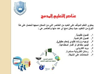 ‫عناصر التعليم املدمج‬
‫ّ‬
‫يحتوي التعلم المولف على العديد من العناصر التي من الممكن دمجها لنحصل على هذا‬
‫النوع من التعليم، حيث يمكن دمج أي عدد منها والعناصر هي :‬
‫1.‬
‫2.‬
‫3.‬
‫4.‬
‫5.‬
‫6.‬
‫7.‬

‫فصول تقليدية.‬
‫فصول افتراضية.‬
‫توجيه وإرشاد تقليدي (معلم حقيقي).‬
‫فيديو متفاعل أو أقمار اصطناعية.‬
‫بريد الكتروني.‬
‫رسائل الكترونية مستمرة.‬
‫المحادثات على الشبكة.‬

 