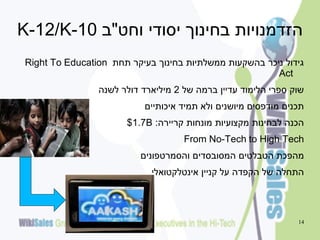 ‫הזדמנויות בחינוך יסודי וחט"ב 01-‪K-12/K‬‬
‫גידול ניכר בהשקעות ממשלתיות בחינוך בעיקר תחת ‪Right To Education‬‬
‫‪Act‬‬
‫שוק ספרי הלימוד עדיין ברמה של 2 מיליארד דולר לשנה‬
‫תכנים מודפסים מיושנים ולא תמיד איכותיים‬

‫הכנה לבחינות מקצועיות מונחות קריירה: ‪$1.7B‬‬
‫‪From No-Tech to High Tech‬‬
‫מהפכת הטבלטים המסובסדים והסמרטפונים‬
‫התחלה של הקפדה על קניין אינטלקטואלי‬

‫41‬

 