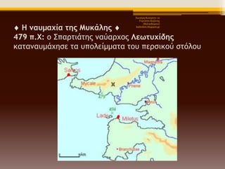 Χηωηέξε Καηεξίλα- 1ν
Γπκλάζην Κνδάλεο
(Βαιηαδώξεην)
kathchiot.blogspot.gr

 Η μασμαυία ςηπ Μσκάληπ 
479 π.Χ: ξ Σπαοςιάςηπ μαύαουξπ Λεωςσυίδηπ
καςαμασμάυηρε ςα σπξλείμμαςα ςξσ πεορικξύ ρςόλξσ

 