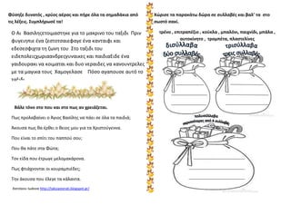 Φφςθξε δυνατόσ , κρφοσ αζρασ και πιρε όλα τα ςθμαδάκια από
τισ λζξεισ. Συμπλιρωςζ τα!

Ο Αι Βαςιλθσετοιμαςτθκε για το μακρινο του ταξιδι Πριν
φυγειθπιε ζνα ηεςτοτςαιεφαγε ζνα κανταιφι και
εδεςεςφιχτα τθ ηωνθ του Στο ταξιδι του
ειδεπολεισχωριαανδρεσγυναικεσ και παιδιαΕιδε ζνα
γαιδουρακι να κοιμαται και δυο νεραιδεσ να κανουντρελεσ
με τα μαγικα τουσ Χαμογελαςε Πόςο αγαπουςε αυτό το
ταξιδι

Βάλε τόνο ςτο που και ςτο πωσ αν χρειάηεται.
Πωσ προλαβαίνει ο Άγιοσ Βαςίλθσ να πάει ςε όλα τα παιδιά;
Άκουςα πωσ θα ζρθει ο θειοσ μου για τα Χριςτοφγεννα.
Που είναι το ςπίτι του παπποφ ςου;
Που θα πάτε ςτα Φώτα;
Τον είδα που ζτρωγε μελομακάρονα.
Πωσ φτιάχνονται οι κουραμπιζδεσ;
Τθν άκουςα που ζλεγε τα κάλαντα.
Χατςίκου Ιωάννα http://taksiasterati.blogspot.gr/

Χϊριςε τα παρακάτω δϊρα ςε ςυλλαβζσ και βαλ’ τα ςτο
ςωςτό ςακί.
τρζνο , επιτραπζηιο , κοφκλα , μπαλόνι, παιχνίδι, μπάλα ,
αυτοκίνθτο , τρομπζτα, πλαςτελίνεσ

 