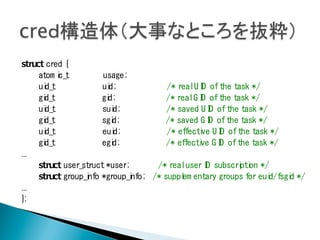 struct	
 cred	
 {
	
 
	
 	
 	
 	
 atom i
c_t	
 	
 	
 	
 	
 	
 	
 	
 usage;
	
 
	
 	
 	
 	
 ui
d_t	
 	
 	
 	
 	
 	
 	
 	
 	
 	
 	
 ui 	
 	
 	
 	
 	
 	
 	
 	
 	
 	
 	
 	
 /*	
 realU I 	
 of	
 the	
 task	
 */	
 
d;
	
  D
	
 	
 	
 	
 gi
d_t	
 	
 	
 	
 	
 	
 	
 	
 	
 	
 	
 gi 	
 	
 	
 	
 	
 	
 	
 	
 	
 	
 	
 	
 /*	
 realG I 	
 of	
 the	
 task	
 */	
 
d;
	
  D
	
 	
 	
 	
 ui
d_t	
 	
 	
 	
 	
 	
 	
 	
 	
 	
 	
 sui 	
 	
 	
 	
 	
 	
 	
 	
 	
 	
 	
 /*	
 saved	
 U I 	
 of	
 the	
 task	
 */	
 
d;
D
	
 	
 	
 	
 gi
d_t	
 	
 	
 	
 	
 	
 	
 	
 	
 	
 	
 sgi 	
 	
 	
 	
 	
 	
 	
 	
 	
 	
 	
 /*	
 saved	
 G I 	
 of	
 the	
 task	
 */	
 
d;
D
	
 	
 	
 	
 ui
d_t	
 	
 	
 	
 	
 	
 	
 	
 	
 	
 	
 eui 	
 	
 	
 	
 	
 	
 	
 	
 	
 	
 	
 /*	
 effecti U I 	
 of	
 the	
 task	
 */	
 
d;
ve	
  D
	
 	
 	
 	
 gi
d_t	
 	
 	
 	
 	
 	
 	
 	
 	
 	
 	
 egi 	
 	
 	
 	
 	
 	
 	
 	
 	
 	
 	
 /*	
 effecti G I 	
 of	
 the	
 task	
 */	
 
d;
ve	
  D
..
.	
 
	
 	
 	
 	
 struct	
 user_struct	
 *user;
	
 	
 	
 	
 	
 	
 	
 /*	
 realuser	
 I 	
 subscri on	
 */	
 
	
 
D
pti
	
 	
 	
 	
 struct	
 group_i *group_i 	
 	
 /*	
 suppl entary	
 groups	
 for	
 eui
nfo	
 
nfo;
em
d/fsgi */	
 
d	
 
..
.	
 
}	
 
;

 
