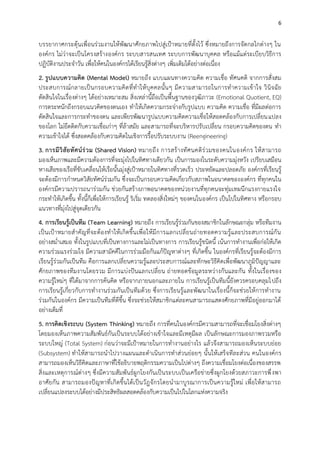 6

บรรยากาศกระตุ้นเพื่อนร่วมงานให้พัฒนาศักยภาพไปสู่เป้าหมายที่ตั้งไว้ ซึ่งหมายถึงการจัดกลไกต่างๆ ใน
องค์กร ไม่ว่าจะเป็นโครงสร้างองค์กร ระบบสารสนเทศ ระบบการพัฒนาบุคคล หรือแม้แต่ระเบียบวิธีการ
ปฏิบัติงานประจาวัน เพื่อให้คนในองค์กรได้เรียนรู้สิ่งต่างๆ เพิ่มเติมได้อย่างต่อเนื่อง
2. รูปแบบความคิด (Mental Model) หมายถึง แบบแผนทางความคิด ความเชื่อ ทัศนคติ จากการสั่งสม
ประสบการณ์กลายเป็ น กรอบความคิด ที่ทาให้ บุค คลนั้น ๆ มีค วามสามารถในการท าความเข้ าใจ วิ นิจฉั ย
ตัดสินใจในเรื่องต่างๆ ได้อย่างเหมาะสม สิ่งเหล่านี้ถือเป็นพื้นฐานของวุฒิภาวะ (Emotional Quotient, EQ)
การตระหนักถึงกรอบแนวคิดของตนเอง ทาให้เกิดความกระจ่างกับรูปแบบ ความคิด ความเชื่อ ที่มีผลต่อการ
ตัดสินใจและการกระทาของตน และเพียรพัฒนารูปแบบความคิดความเชื่อให้สอดคล้องกับการเปลี่ยนแปลง
ของโลก ไม่ยึดติดกับความเชื่อเก่าๆ ที่ล้าสมัย และสามารถที่จะบริหารปรับเปลี่ยน กรอบความคิดของตน ทา
ความเข้าใจได้ ซึ่งสอดคล้องกับความคิดในเชิงการรื้อปรับระบบงาน (Reengineering)
3. การมี วิ สั ย ทั ศ น์ ร่ ว ม (Shared Vision) หมายถึ ง การสร้ า งทั ศ นคติ ร่ ว มของคนในองค์ ก ร ให้ ส ามารถ
มองเห็นภาพและมีความต้องการที่จะมุ่งไปในทิศทางเดียวกัน เป็นการมองในระดับความมุ่งหวัง เปรียบเสมือน
หางเสือของเรือที่ขับเคลื่อนให้เรือนั้นมุ่งสู่เป้าหมายในทิศทางที่รวดเร็ว ประหยัดและปลอดภัย องค์กรที่เรียนรู้
จะต้องมีการกาหนดวิสัยทัศน์ร่วมกัน ซึ่ งจะเป็นกรอบความคิดเกี่ยวกับสภาพในอนาคตขององค์กร ที่ทุกคนใน
องค์กรมีความปรารถนาร่วมกัน ช่วยกันสร้างภาพอนาคตของหน่วยงานที่ทุกคนจะทุ่มเทผนึกแรงกายแรงใจ
กระทาให้เกิดขึ้น ทั้งนี้ก็เพื่อให้การเรียนรู้ ริเริ่ม ทดลองสิ่งใหม่ๆ ของคนในองค์กร เป็นไปในทิศทาง หรือกรอบ
แนวทางที่มุ่งไปสู่จุดเดียวกัน
4. การเรียนรู้เป็นทีม (Team Learning) หมายถึง การเรียนรู้ร่วมกันของสมาชิกในลักษณะกลุ่ม หรือทีมงาน
เป็ น เป้ าหมายส าคั ญที่จ ะต้องท าให้ เ กิดขึ้น เพื่อให้ มีการแลกเปลี่ ยนถ่ายทอดความรู้แ ละประสบการณ์กั น
อย่างสม่าเสมอ ทั้งในรูปแบบที่เป็นทางการและไม่เป็นทางการ การเรียนรู้ชนิดนี้ เน้นการทางานเพื่อก่อให้เกิด
ความร่วมแรงร่วมใจ มีความสามัคคีในการร่วมมือกันแก้ปัญหาต่างๆ ที่เกิดขึ้น ในองค์กรที่เรียนรู้จะต้องมีการ
เรียนรู้ร่วมกันเป็นทีม คือการแลกเปลี่ยนความรู้และประสบการณ์และทักษะวิธีคิดเพื่อพัฒนาภูมิปัญญาและ
ศักยภาพของทีมงานโดยรวม มีการแบ่งปันแลกเปลี่ ยน ถ่ายทอดข้อมูลระหว่างกันและกัน ทั้งในเรื่องของ
ความรู้ใหม่ๆ ที่ได้มาจากการค้นคิด หรือจากภายนอกและภายใน การเรียนรู้เป็นทีมนี้ยังควรครอบคลุมไปถึง
การเรียนรู้เกี่ยวกับการทางานร่วมกันเป็นทีมด้วย ซึ่งการเรียนรู้และพัฒนาในเรื่องนี้ก็จะช่วยให้การทางาน
ร่วมกันในองค์กร มีความเป็นทีมที่ดีขึ้น ซึ่งจะช่วยให้สมาชิกแต่ละคนสามารถแสดงศักยภาพที่มีอยู่ออกมาได้
อย่างเต็มที่
5. การคิดเชิงระบบ (System Thinking) หมายถึง การที่คนในองค์กรมีความสามารถที่จะเชื่อมโยงสิ่งต่างๆ
โดยมองเห็นภาพความสัมพันธ์กันเป็นระบบได้อย่างเข้าใจและมีเหตุมีผล เป็นลักษณะการมองภาพรวมหรือ
ระบบใหญ่ (Total System) ก่อนว่าจะมีเป้าหมายในการทางานอย่างไร แล้วจึงสามารถมองเห็นระบบย่อย
(Subsystem) ทาให้สามารถนาไปวางแผนและดาเนินการทาส่วนย่อยๆ นั้นให้เสร็จทีละส่วน คนในองค์กร
สามารถมองเห็นวิธีคิดและภาษาที่ใช้อธิบายพฤติกรรมความเป็นไปต่างๆ ถึงความเชื่อมโยงต่อเนื่องของสรรพ
สิ่งและเหตุการณ์ต่างๆ ซึ่งมีความสัมพันธ์ผูกโยงกันเป็นระบบเป็นเครือข่ายซึ่งผูกโยงด้วยสภาวะการพึ่ งพา
อาศัย กัน สามารถมองปั ญหาที่เกิดขึ้น ได้เป็นวัฎ จักรโดยนามาบูรณาการเป็นความรู้ใหม่ เพื่อให้ ส ามารถ
เปลี่ยนแปลงระบบได้อย่างมีประสิทธิผลสอดคล้องกับความเป็นไปในโลกแห่งความจริง

 