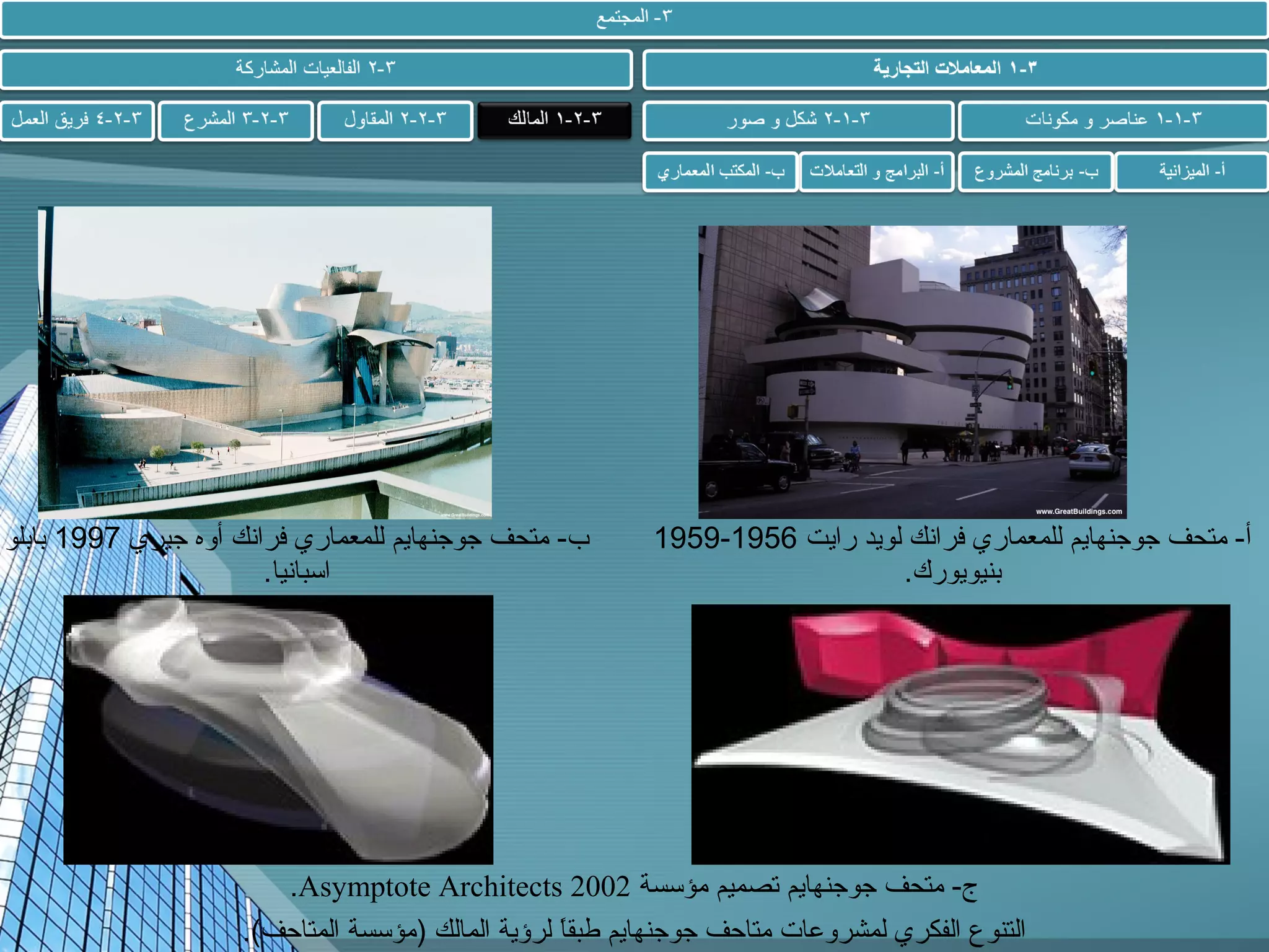 ‫أ- متحف جوجنهايم للمعماري فرانك لويد رايت 6591-9591‬
‫بنيويورك.‬

‫ب- متحف جوجنهايم للمعماري فرانك أوه جيري 7991 بابلو‬
‫اسبانيا.‬

‫ج- متحف جوجنهايم تصميم مؤسسة 2002 ‪.Asymptote Architects‬‬
‫التنوع الفكري لمشروعات متاحف جوجنهايم طبقا لرؤية المالك )مؤسسة المتاحف(.‬
‫ ً‬

 