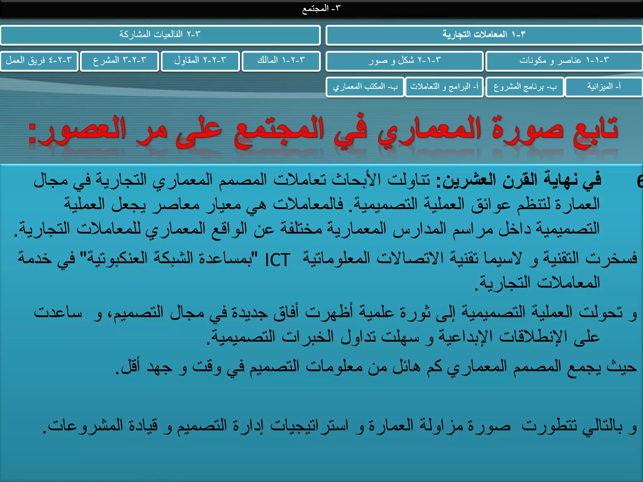 ‫في نهاية القرن العشرين: تناولت الحبحاث تعامل ت المصمم المعماري التجارية في مجال‬
‫6‬
‫العمارة لتنظم عوائق العملية التصميمية. فالمعامل ت هي معيار معاصر يجعل العملية‬
‫التصميمية داخل مراسم المدارس المعمارية مختلفة عن الواقع المعماري للمعامل ت التجارية.‬
‫فسخر ت التقنية و لسيما تقنية التصال ت المعلوماتية ‪" ICT‬حبمساعدة الشبكة العنكبوتية" في خدمة‬
‫المعامل ت التجارية.‬
‫و تحولت العملية التصميمية إلى ثورة علمية أظهر ت أفاق جديدة في مجال التصميم، و ساعد ت‬
‫على الطنطلقا ت الحبداعية و سهلت تداول الخبرا ت التصميمية.‬
‫حيث يجمع المصمم المعماري كم هائل من معلوما ت التصميم في وقت و جهد أقل.‬
‫و حبالتالي تتطور ت صورة مزاولة العمارة و استراتيجيا ت إدارة التصميم و قيادة المشروعا ت.‬

 