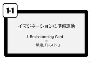 1-1
イマジネーションの準備運動
「 Brainstorming Card 」
×
「 破壊ブレスト 」

3

 