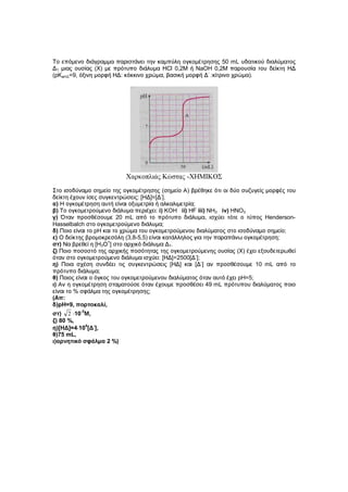 Το επόµενο διάγραµµα παριστάνει την καµπύλη ογκοµέτρησης 50 mL υδατικού διαλύµατος
∆1 µιας ουσίας (Χ) µε πρότυπο διάλυµα ΗCl 0,2M ή NaOH 0,2M παρουσία του δείκτη Η∆
(pKaΗ∆=9, όξινη µορφή Η∆: κόκκινο χρώµα, βασική µορφή ∆ :κίτρινο χρώµα).

Χαρκοπλιάς Κώστας -ΧΗΜΙΚΟΣ
Στο ισοδύναµο σηµείο της ογκοµέτρησης (σηµείο Α) βρέθηκε ότι οι δύο συζυγείς µορφές του
δείκτη έχουν ίσες συγκεντρώσεις: [Η∆]=[∆-].
α) Η ογκοµέτρηση αυτή είναι οξυµετρία ή αλκαλιµετρία;
β) Το ογκοµετρούµενο διάλυµα περιέχει: i) KOH ii) HF iii) NH3 iv) HNO3
γ) Όταν προσθέσουµε 20 mL από το πρότυπο διάλυµα, ισχύει τότε ο τύπος HendersonHasselbalch στο ογκοµετρούµενο διάλυµα;
δ) Ποιο είναι το pH και το χρώµα του ογκοµετρούµενου διαλύµατος στο ισοδύναµο σηµείο;
ε) Ο δείκτης βροµοκρεσόλη (3,8-5,5) είναι κατάλληλος για την παραπάνω ογκοµέτρηση;
στ) Να βρεθεί η [Η3Ο+] στο αρχικό διάλυµα ∆1.
ζ) Ποιο ποσοστό της αρχικής ποσότητας της ογκοµετρούµενης ουσίας (Χ) έχει εξουδετερωθεί
όταν στο ογκοµετρούµενο διάλυµα ισχύει: [Η∆]=2500[∆-];
η) Ποια σχέση συνδέει τις συγκεντρώσεις [Η∆] και [∆-] αν προσθέσουµε 10 mL από το
πρότυπο διάλυµα;
θ) Ποιος είναι ο όγκος του ογκοµετρούµενου διαλύµατος όταν αυτό έχει pH=5;
ι) Αν η ογκοµέτρηση σταµατούσε όταν έχουµε προσθέσει 49 mL πρότυπου διαλύµατος ποιο
είναι το % σφάλµα της ογκοµέτρησης;
(Απ:
δ)pH=9, πορτοκαλί,
στ) 2 ⋅10 Μ,
ζ) 80 %,
η)[Η∆]=4⋅104[∆-],
θ)75 mL,
ι)αρνητικό σφάλµα 2 %)
-3

 