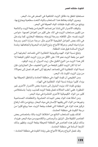 ‫اﻟﺘﻠﻮث ﻣﺸﻜﻠﺔ اﻟﻌﺼﺮ‬

‫ﻣﺴﺘﺤﻠﺒﺎ ﺗﺘﻌﻠﻖ ﺑﻪ دﻗﺎﺋﻖ اﻟﺰﻳﺖ ا ﺘﻨﺎﻫﻴﺔ ﻓﻲ اﻟﺼﻐﺮ ﻓﻲ ﻣﺎء اﻟﺒﺤﺮ.‬
‫و ﺮور اﻟﻮﻗﺖ ﻳﺨﺘﻠﻂ ﻫﺬا ا ﺴﺘﺤﻠﺐ ﺑﺎ ﻴﺎه اﻟﺘﺤﺖ ﺳﻄﺤﻴﺔ و ﺘﺰج ﺑﻬﺎ،‬
‫وﻳﻨﺘﺞ ﻣﻦ ذﻟﻚ ﺗﻠﻮث ﻃﺒﻘﺎت ا ﻴﺎه اﻟﻌﻤﻴﻘﺔ ﻓﻲ اﻟﺒﺤﺮ.‬
‫وﺗﺘﻮﻗﻒ اﻷﺿﺮار اﻟﺘﻲ ﺗﻨﺸﺄ ﻋﻦ ﺗﺼﺎﻋﺪ اﻷﺑﺨﺮة ﻣﻦ ﺑﻘﻌﺔ اﻟﺰﻳﺖ، واﻟﻨﺎﲡﺔ‬
‫ﻣﻦ ﺗﻜﻮﻳﻦ ﻣﺴﺘﺤﻠﺐ اﻟﺰﻳﺖ ﻓﻲ ا ﺎء ﻋﻠﻰ ﻛﺜﻴﺮ ﻣﻦ اﻟﻌﻮاﻣﻞ أﻫـﻤـﻬـﺎ: ﺧـﻮاص‬
‫اﻟﺰﻳﺖ ﻧﻔﺴﻪ، ﻣﺜﻞ: ﻛﺜﺎﻓﺘﻪ، ودرﺟﺔ ﻟﺰوﺟﺘﻪ، وﺿﻐﻄﻪ اﻟﺒﺨﺎري، ﻛﻤﺎ ﻳـﺘـﺪﺧـﻞ‬
‫ﻓﻲ ذﻟﻚ ﺑﻌﺾ اﻟﻌﻮاﻣﻞ اﻟﻄﺒﻴﻌﻴﺔ اﻷﺧﺮى ﻣﺜﻞ: درﺟـﺔ ﺣـﺮارة اﳉـﻮ، ودرﺟـﺔ‬
‫ﺣﺮارة ﻣﻴﺎه اﻟﺒﺤﺮ، وﺣﺮﻛﺔ اﻷﻣﻮاج، وﻧﻮع اﻟﺘﻴﺎرات اﻟﺒﺤﺮﻳﺔ واﲡﺎﻫﺎﺗﻬﺎ، وﺷﺪة‬
‫اﻟﺮﻳﺎح اﻟﺴﺎﺋﺪة ﻓﻮق ﻫﺬه ا ﻨﻄﻘﺔ.‬
‫وﺗﺒﻠﻎ ﻧﺴﺒﺔ ا ﻮاد اﻟﻬﻴﺪروﻛﺮﺑﻮﻧﻴﺔ ا ﺘﻄﺎﻳﺮة اﻟﺘﻲ ﺗﺘﺼﺎﻋﺪ أﺑﺨﺮﺗـﻬـﺎ إﻟـﻰ‬
‫اﳉﻮ ﻣﻦ ﺑﻘﻌﺔ اﻟﺰﻳﺖ ﻧﺤﻮ ٠١% ﻋﻠﻰ اﻷﻗﻞ ﻣﻦ وزن اﻟﺰﻳﺖ ا ﻜﻮن ﻟﻠﺒﻘﻌـﺔ إذا‬
‫ﻛﺎن ﻫﺬا اﻟﺰﻳﺖ ﻣﻦ اﻟﻨﻮع اﻟﺜﻘﻴﻞ ﻣﺜﻞ: زﻳﺖ اﻟﺪﻳﺰل، أو زﻳﺖ اﻟﻮﻗﻮد.‬
‫أﻣﺎ إذا ﻛﺎن اﻟﺰﻳﺖ ا ﻜﻮن ﻟﻠﺒﻘﻌﺔ ﻣﻦ اﻟﻨﻮع اﳋﻔﻴﻒ، ﻣﺜﻞ اﳉﺎزوﻟ ، ﻓﺈن‬
‫ﻧﺴﺒﺔ ا ﻮاد ا ﺘﻄﺎﻳﺮة اﻟﺘﻲ ﺗﺘﺼﺎﻋﺪ أﺑﺨﺮﺗﻬﺎ إﻟﻰ اﳉﻮ ﻗﺪ ﺗﺼﻞ إﻟﻰ ﻧﺤﻮ٥٧%‬
‫ﻣﻦ وزن اﻟﺰﻳﺖ ا ﻠﻮث ﺎء اﻟﺒﺤﺮ.‬
‫وﻣﻦ اﻟﻄﺒﻴﻌﻲ أن ﺗﻠﻮث اﻟﻬﻮاء ﻓﻲ ﻣﻨﻄﻘﺔ اﳊﺎدث وا ﻨﺎﻃﻖ اﶈﻴﻄﺔ ﺑﻬﺎ‬
‫ﻳﺰداد ﻛﺜﻴﺮا ﺑﺰﻳﺎدة ﻧﺴﺒﺔ ا ﻮاد ا ﺘﻄﺎﻳﺮة ﻓﻲ اﻟﻬﻮاء.‬
‫وﻳﺆدي ﺗﻠﻮث ا ﺎء ﺑﺰﻳﺖ اﻟﺒﺘﺮول إﻟﻰ ﺣﺪوث ﺑﻌﺾ اﻷﺿﺮار اﻷﺧﺮى ﻏﻴﺮ‬
‫ا ﻨﻈﻮرة. ﻓﻔﻲ أﻏﻠﺐ اﳊﺎﻻت ﺗﻌﻤﻞ ﺑﻘﻌﺔ اﻟﺰﻳﺖ ﻛﻤﺬﻳﺐ، وﺗﺒﺪأ ﺑﺎﺳﺘﺨﻼص‬
‫ﻛﺜﻴﺮ ﻣﻦ ا ﻮاد اﻟﻜﻴﻤﻴﺎﺋﻴﺔ اﻷﺧﺮى ا ﻨﺘﺸﺮة ﻓﻲ ﻣﻴﺎه اﻟﺒﺤﺮ.‬
‫وﻣﻦ أﻣﺜﻠﺔ ﻫﺬه ا ﻮاد ﺑﻌﺾ ا ﺒﻴﺪات اﳊﺸﺮﻳﺔ، وا ﻨﻈـﻔـﺎت اﻟـﺼـﻨـﺎﻋـﻴـﺔ‬
‫وﻏﻴﺮﻫﺎ ﻣﻦ ا ﻮاد اﻟﺘﻲ ﻳﻠﻘﻴﻬﺎ اﻹﻧﺴﺎن ﻓﻲ ﻣﻴﺎه اﻟﺒﺤﺎر، وﻳﻨﺘﺞ ﻣﻦ ذﻟﻚ ارﺗﻔﺎع‬
‫ﺗﺮﻛﻴﺰ ﻫﺬه ا ﻮاد ﻓﻲ ا ﻨﻄﻘﺔ اﻟﺘﻲ ﺗﻐﻄﺖ ﺑﺒﻘﻌﺔ اﻟﺰﻳﺖ، ﺎ ﻳﺮﻓﻊ ﻛﺜﻴﺮا ﻣﻦ‬
‫درﺟﺔ اﻟﺘﻠﻮث ﻓﻲ ﻣﻨﻄﻘﺔ اﳊﺎدث.‬
‫ﻛﺬﻟﻚ ﻳﻘﻮم ا ﺴﺘﺤﻠﺐ اﻟﻨﺎﰋ ﻣﻦ اﺧﺘﻼط اﻟﺰﻳﺖ ﺑﺎ ﺎء ﺑﺎﻣﺘﺼﺎص ﺑﻌﺾ‬
‫اﻟﻌﻨﺎﺻﺮ اﻟﺜﻘﻴﻠﺔ ﻣﺜﻞ. اﻟﺰﺋﺒﻖ، واﻟﺮﺻﺎص، واﻟﻜﺎدﻣﻴﻮم ﻣﻦ ﻣﻴﺎه اﻟﺒﺤﺮ، ﻓﻴﺰداد‬
‫ﺑﺬﻟﻚ ﺗﺮﻛﻴﺰ ﻫﺬه اﻟﻌﻨﺎﺻﺮ ﻓﻲ ا ﻨﻄﻘﺔ اﶈﻴﻄﺔ ﺑﺒﻘﻌﺔ اﻟﺰﻳﺖ، وﺗﻈﻬﺮ ﺑﺬﻟﻚ‬
‫آﺛﺎرﻫﺎ اﻟﺴﺎﻣﺔ ﻓﻲ ﻣﻨﻄﻘﺔ اﳊﺎدث.‬
‫وﻗﺪ ﺗﻌﻤﻞ اﻟﺮﻳﺎح وﺣﺮﻛﺔ اﻷﻣﻮاج ﻋﻠﻰ زﻳﺎدة اﻟﺘﻠﻮث ﻓﻲ ﻣﻨﻄﻘﺔ اﳊﺎدث ;‬
‫251‬

 