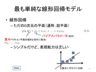 最も単純な線形回帰モデル
• 線形回帰
– ただのD次元の平面（通称：超平面）
バイアスパラメータ（切片）
重みベクトル（平面の傾きと切片に相当）

– シンプルだけど、表現能力は乏しい

PRML

盛大にずれている例

14

 