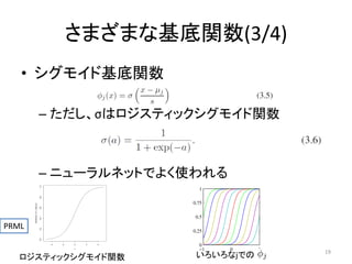 さまざまな基底関数(3/4)
• シグモイド基底関数
– ただし、σはロジスティックシグモイド関数

0.6
0.4
0.2
0.0

PRML

function(x) 1/(1 + exp(-x))

0.8

1.0

– ニューラルネットでよく使われる

-4

-2

0

2

4

x

ロジスティックシグモイド関数

いろいろなjでの

19

 