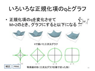 いろいろな正規化項のqとグラフ
• 正規化項のqを変化させて
M=2のとき、グラフにすると以下になる

M

w
j 1

q
j

Rで描いた三次元グラフ

補足

PRML

等高線の形（三次元グラフを横で切った形）

44

 