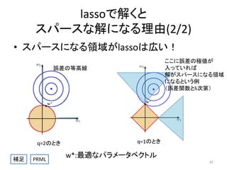 lassoで解くと
スパースな解になる理由(2/2)
• スパースになる領域がlassoは広い！
ここに誤差の極値が
入っていれば
解がスパースになる領域
になるという例
（誤差関数とλ次第）

誤差の等高線

q=2のとき
補足

PRML

q=1のとき

w*:最適なパラメータベクトル
47

 