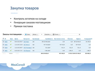 Закупка товаров
• Контроль остатков на складе
• Генерация заказов поставщикам
• Прямая поставка

 