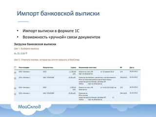 Импорт банковской выписки
• Импорт выписки в формате 1С
• Возможность «ручной» связи документов

 