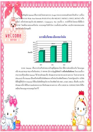 ในปั จจุบน Internet เป็ นการต่อโยงทางตรรกะ (Logic) ของระบบคอมพิวเตอร์นับล้าน ๆ เครื่ อง
ั
และโยงกับระบบ Wide Area Network (WAN) ต่างๆ เช่น MILNET, NSFNET, CSNET, BITNET หรื อ
แม้แต่ เครื อข่ายทางธุรกิจ เช่น IBMNET, Compuserve Net และอื่ น ๆ ภายใต้โปรโตคอล ที่มีชื่อว่า
TCP/IP โดยที่ขนาดของเครื อข่าย ครอบคลุม ไปทัวโลก รวมทั้งประเทศไทย และมีการขยายขอบเขต
่
ออกไป อย่างไม่หยุดยั้ง

ระบบ Internet เป็ นการนาเครื อข่ายขนาดใหญ่ที่สุดของโลก ที่มีการต่อ เสมือ นกับ ใยแมงมุ ม
หรื อ World Wide Web หรื อเรี ยกย่อๆ ว่า WWW (มีการบัญญัติศพท์ว่า เครื อข่ ำยใยพิภพ) ในระบบนี้ เรา
ั
สามารถเปรี ยบเทียบ Internet ได้ สองลักษณะคือ ลักษณะทางกายภาพ และทางตรรกะ ในทางกายภาพ
(Physical) นั้น Internet เป็ นเครื อข่ายที่รับอิทธิพลจาก เครื อข่ายโทรศัพท์โดยตรง ในสหรัฐอเมริ กา บริ ษท
ั
ที่เป็ นผูให้บริ การ Internet ก็เป็ นบริ ษทที่ทาธุรกิจ ทางโทรศัพท์ เช่น MCI, AT&T, BELL เป็ นต้น และอีก
้
ั
ลักษณะหนึ่ ง ที่เป็ นความเด่นของระบบ คือลักษณะทางตรรกะ หรื อ LOGICAL CONNECTION ที่เป็ น
เสมือนใยแมงมุม ครอบคลุมโลกไว้

 