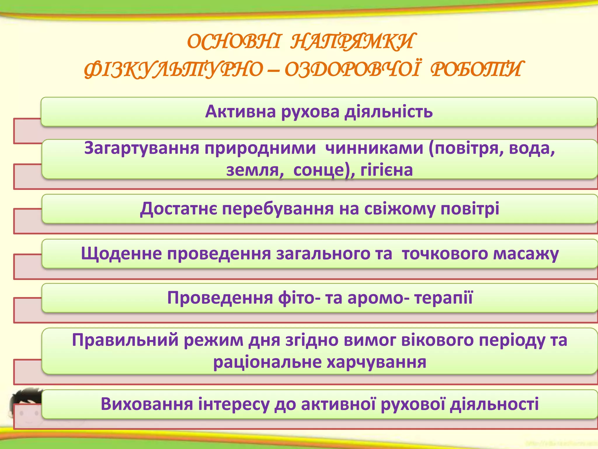 ОСНОВНІ НАПРЯМКИ
ФІЗКУЛЬТУРНО – ОЗДОРОВЧОЇ РОБОТИ
Активна рухова діяльність
Загартування природними чинниками (повітря, вода,
земля, сонце), гігієна
Достатнє перебування на свіжому повітрі
Щоденне проведення загального та точкового масажу

Проведення фіто- та аромо- терапії
Правильний режим дня згідно вимог вікового періоду та
раціональне харчування
Виховання інтересу до активної рухової діяльності

 