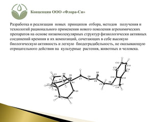 Концепция ООО «Флора-Си»
Разработка и реализация новых принципов отбора, методов получения и
технологий рационального применения нового поколения агрохимических
препаратов на основе низкомолекулярных структур физиологически активных
соединений кремния и их композиций, сочетающих в себе высокую
биологическую активность и легкую биодеградабельность, не оказывающую
отрицательного действия на культурные растения, животных и человека.
 