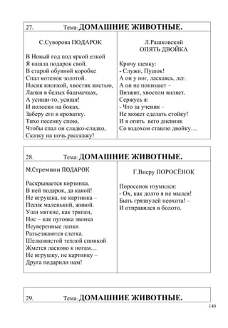 27.

Тема: ДОМАШНИЕ
С.Суворова ПОДАРОК

В Новый год под яркой елкой
Я нашла подарок свой.
В старой обувной коробке
Спал котенок золотой.
Носик кнопкой, хвостик кистью,
Лапки в белых башмачках,
А усищи-то, усищи!
И полоски на боках.
Заберу его в кроватку.
Тихо песенку спою,
Чтобы спал он сладко-сладко,
Сказку на ночь расскажу!
28.

Л.Рашковский
ОПЯТЬ ДВОЙКА
Кричу щенку:
- Служи, Пушок!
А он у ног, ласкаясь, лег.
А он не понимает –
Визжит, хвостом виляет.
Сержусь я:
- Что за ученик –
Не может сделать стойку!
И я опять вего дневник
Со вздохом ставлю двойку…

Тема: ДОМАШНИЕ

М.Стремнин ПОДАРОК
Раскрывается корзинка.
В ней подарок, да какой!
Не игрушка, не картинка –
Песик маленький, живой.
Уши мягкие, как тряпки,
Нос – как пуговка звонка
Неуверенные лапки
Разъезжаются слегка.
Шелковистой теплой спинкой
Жмется ласково к ногам…
Не игрушку, не картинку –
Друга подарили нам!

29.

ЖИВОТНЫЕ.

ЖИВОТНЫЕ.
Г.Виеру ПОРОСЁНОК

Поросенок изумился:
- Ох, как долго я не мылся!
Быть грязнулей неохота! –
И отправился в болото.

Тема: ДОМАШНИЕ

ЖИВОТНЫЕ.
140

 