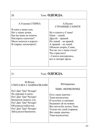 20.

Тема:
А.Усанова СТИРКА

Я один у мамы сын,
Нет у мамы дочки.
Как же маме не помочь
Постирать платочки?
Мыло пенится в корыте –
Я стираю, посмотрите!

21.

А.Пысин
СТРАННЫЕ САПОГИ
Ну и сапоги у Славы!
Один – левый.
Другой – правый.
Но левый – на правой,
А правый – на левой.
Объясни скорее, Слава,
Что же это с ними стало?
Что стряслось?
- Сапоги поссорились,
вот и смотрят врозь.

Тема:

М.Яснов
СЧИТАЛКА С БАШМАЧКАМИ
Раз! Два! Три! Четыре!
По дорожке я скачу.
Раз! Два! Три! Четыре!
Башмачок скакать учу.
Раз! Два! Три! Четыре!
Обломился каблучок.
Раз! Два! Три! Четыре!
Заблудился башмачок.

ОДЕЖДА.

ОДЕЖДА.
М.Смирнова
ТАНЯ –НЕУМЕЛОЧКА
Есть такая девочка –
Таня-неумелочка.
И чулочки, и сапожки
Надевают ей на ножки.
Все могла бы делать Таня,
Только нет уней старанья.
Вот какая девочка –
Таня-неумелочка.

188

 