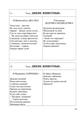 11.

Тема:

ДИКИЕ ЖИВОТНЫЕ.

М.Вайнилайтис ДВА ЕЖА
Топа-топа – два ежа
По лесу идут, спешат.
Трракк – трещат сухие сучья…
Где-то здесь нора барсучья!
- Эй, сосед вставай с постели,
Слышишь, птицы прилетели,
Снег растаял, свет в лесочке,
Слышишь, лопаются почки?
На поляне – горячи –
Пляшут яркие лучи!

12.

Тема:

Дедушка-медведушка,
Миленький ты мой,
В хор меня не приняли.
Успокой!
- Разве это горюшко?
Ну и молодежь!..
Ты без хора, внученька,
Хорошо ревешь!

ДИКИЕ ЖИВОТНЫЕ.

И.Муравейко ЗАЙЧИШКА
Дождик осенний
Капал всю ночку,
А зайчик ленивый
Сидел под кусточком.
Промок до шерстинки
Бедняга зайчишка
И дал себе слово:
- Построю домишко!
… Утром веселым
На солнышке раннем
Зайчишка обсох

Р.Куликова
ДЕДУШКА-МЕДВЕДУШКА

И забыл обещанье.
Дождик, зайчишку
Опять проучи,
Только до самых костей
Промочи!

206

 