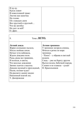 И ду-ду.
Кукла лежит
В пожелтевшей траве:
Листик как шапочка
На голове.
Ей с каждым днем
Все грустней и грустней…
Что же автобус
Не едет за ней?
О. Дриз
9.

Тема: ЛЕТО.

Летний дождь
Жарко солнышко пылало,
Млела знойная земля.
Ночью туча набежала,
Ждали дождика поля.
Рады, рады все травинки,
И колосья, и цветы,
Что веселые дождинки
Звонко льются с высоты.
Дождик шумный и прохладный,
Песня, полная чудес!
На рассвете дышит жадно
Напоенный влагой лес.
Т. Днепровская

Летняя тропинка
У тропинки загорела спинка,
Мчится к речке по жаре
тропинка.
– Плюх! – с обрыва в светлый
водоем.
Глядь – уже на берегу другом
Вьется полем, бабочкой порхая,
Словно и не плавала – сухая!
Н. Красильников

310

 