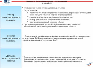Особенности регулирования тарифов в теплоснабжении
методом RAB

Размер
инвестированного
капитала

• Учитываются только производственные объекты;
• Не учитывается:
 стоимость объектов и имущества не связанных с процессом производства
и/или передачи тепловой энергии и теплоносителя;
 стоимость объектов незавершенного строительства;
 размер арендных или концессионных платежей;
 капитал, возвращенный в полном объеме.
• При первом применении метода RAB устанавливается на уровне, не
превышающем предельный размер инвестированного капитала.

Возврат
•Определяется, как сумма величины возврата инвестиций, осуществленных
инвестированного до перехода к RAB регулированию и величины возврата инвестиций,
осуществленных после перехода к RAB.
капитала

Доход на
инвестированный
капитал

• Определяется на основании размера инвестированного капитала,
фактически осуществленных новых инвестиций и чистого оборотного
капитала с учетом нормы доходности инвестированного капитала.
17

 