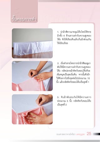 ขั้นตอนการทำ
ขั้นตอนการทำ

1. นำผ้าสีขาวมาคลุมโต๊ะโดยให้ชาย
ผ้าทั้ง 4 ด้านยาวเท่ากับความสูงของ
โต๊ะ ดึงให้เรียบตึงแล้วเก็บผ้าส่วนเกิน
ให้เรียบร้อย

2. เริ่มทำลายโดยการนำผ้าสีชมพูมา
พับให้มีความยาวเท่ากับความสูงของ
โต๊ะ กลัดปลายผ้าติดกับขอบโต๊ะด้วย
เข็มหมุดเป็นจุดเริ่มต้น จากนั้นดึงผ้า
ให้ตึงลากไปยังจุดต่อไปประมาณ 10
นิว แล้วกลัดติดกับขอบโต๊ะเป็นจุดที่ 1
้

3. จั บ ผ้ า พั บ ทบกั น ให้ มี ค วามยาว
ประมาณ 5 นิ้ว กลัดติดกับขอบโต๊ะ
เป็นจุดที่ 2 


รองศาสตราจารย์จริยา เดชกุญชร

25

 