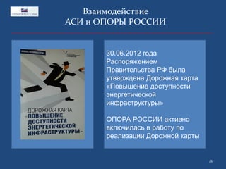 Взаимодействие
АСИ и ОПОРЫ РОССИИ
30.06.2012 года
Распоряжением
Правительства РФ была
утверждена Дорожная карта
«Повышение доступности
энергетической
инфраструктуры»
ОПОРА РОССИИ активно
включилась в работу по
реализации Дорожной карты

18

 