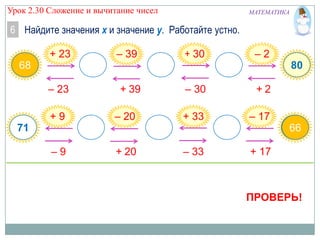 Урок 2.30 Сложение и вычитание чисел

МАТЕМАТИКА

6 Найдите значения х и значение у. Работайте устно.
68
x

91

– 23

52

–9

82

+2
– 17

82
+ 20

80

+ 33

– 20

62

–2

– 30

+ 39

+9

71

+ 30

– 39

+ 23

49
– 33

y
66
+ 17

ПРОВЕРЬ!

 