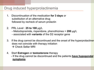 Drug induced hyperprolactinemia
1. Discontinuation of the medication for 3 days or
substitution of an alternative drug
followed by recheck of serum prolactin
2. PRL Level : 25 to 100 μg/L
- Metoclopramide, risperidone, phenothizines > 200 μg/L
- associated with variants of the D2 receptor gene

3. If the drug cannot be discontinued and the onset of the hyperprolactinem
does not coincide with therapy initiation
 Check Sellar MRI
4. Start Estrogen or testosterone therapy
- If the drug cannot be discontinued and the patients have hypogondal
symptoms

 