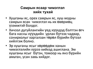 Самрын ясаар чимэглэл
хийх тухай

• Хушганы яс, орех самрын яс, хуш модны
самрын ясан чимэглэл нь их өвөрмөц
үзэмжтэй болдог.
• Хичээл дугуйлангийн үед хүүхдэд бэлтгэн өгч
бага насны хүүхдийн урлан бүтээх чадвар,
сонирхолыг харгалзан төрөл бүрийн бүтээл
хийлгэж болно.
• Эр хушганы ясыг хөрөөдөж ханын
чимэглэлийн хүрээ хийхэд ашиглана. Эм
хушганы ясыг бүтэн, томоор нь янз бүрийн
амьтан, усан завь хийдэг.

 
