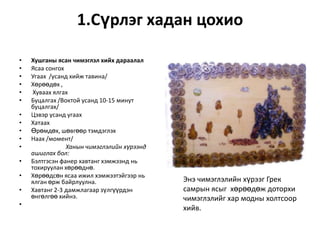 1.Сүрлэг хадан цохио
•
•
•
•
•
•
•
•
•
•
•
•
•

•
•

Хушганы ясан чимэглэл хийх дараалал
Ясаа сонгох
Угаах /усанд хийж тавина/
Хөрөөдөх ,
Хуваах ялгах
Буцалгах /Воктой усанд 10-15 минут
буцалгах/
Цэвэр усанд угаах
Хатаах
Өрөмдөх, шөвгөөр тэмдэглэх
Наах /момент/
Ханын чимэглэлийн хүрээнд
ашиглах бол:
Бэлтгэсэн фанер хавтанг хэмжээнд нь
тохируулан хөрөөднө.
Хөрөөдсөн ясаа ижил хэмжээтэйгээр нь
ялган өрж байрлуулна.
Хавтанг 2-3 дамжлагаар зүлгүүрдэн
өнгөлгөө хийнэ.

Энэ чимэглэлийн хүрээг Грек
самрын ясыг хөрөөдөж доторхи
чимэглэлийг хар модны холтсоор
хийв.

 