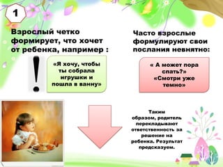 1
Взрослый четко
формирует, что хочет
от ребенка, например :
«Я хочу, чтобы
ты собрала
игрушки и
пошла в ванну»

Часто взрослые
формулируют свои
послания невнятно:
« А может пора
спать?»
«Смотри уже
темно»

Таким
образом, родитель
перекладывают
ответственность за
решение на
ребенка. Результат
предсказуем.
ProPowerPoint.ru

 