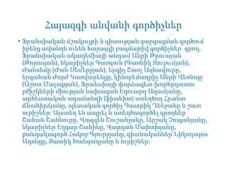 Հայազգի անվանի գործիչներ
• Ֆրանսիական մշակույթի և գիտության զարգացման գործում
իրենց ավանդն ունեն հայազգի բազմաթիվ գործիչներ՝ գրող,
Ֆրանսիական ակադեմիայի անդամ Անրի Թրուայան
(Թորոսյան), նկարիչներ Գառզուն (Գառնիկ Զուլումյան),
Ժանսեմը (Ժան Սեմերջյան), երգիչ Շառլ Ազնավուրը,
երգահան Ժորժ Կառվարենցը, կինոբեմադրիչ Անրի Վեռնոյը
(Աշոտ Մալաքյան), Ֆրանսիայի փորձագետ-խորհրդատու
բժիշկների միության նախագահ Էդուարդ Ադամյանը,
արհեստական ադամանդի (ֆիանիտ) ստեղծող Հրանտ
Ճևահիրճյանը, պետական գործիչ Պատրիկ Դևեջանը և շատ
ուրիշներ: Այստեղ են ապրել և ստեղծագործել գրողներ
Շահան Շահնուրը, Վազգեն Շուշանյանը, Արշակ Չոպանյանը,
նկարիչներ Էդգար Շահինը, Վարդան Մախոխյանը,
քանդակագործ Հակոբ Գյուրջյանը, գիտնականներ Նիկողայոս
Ադոնցը, Զատիկ Խանզադյանը և ուրիշներ:

 