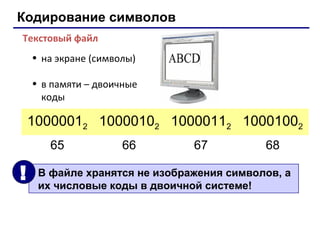 Кодирование символов
Текстовый файл
• на экране (символы)
• в памяти – двоичные
коды

10000012 10000102 10000112 10001002
65

!

66

67

68

В файле хранятся не изображения символов, а
их числовые коды в двоичной системе!

 