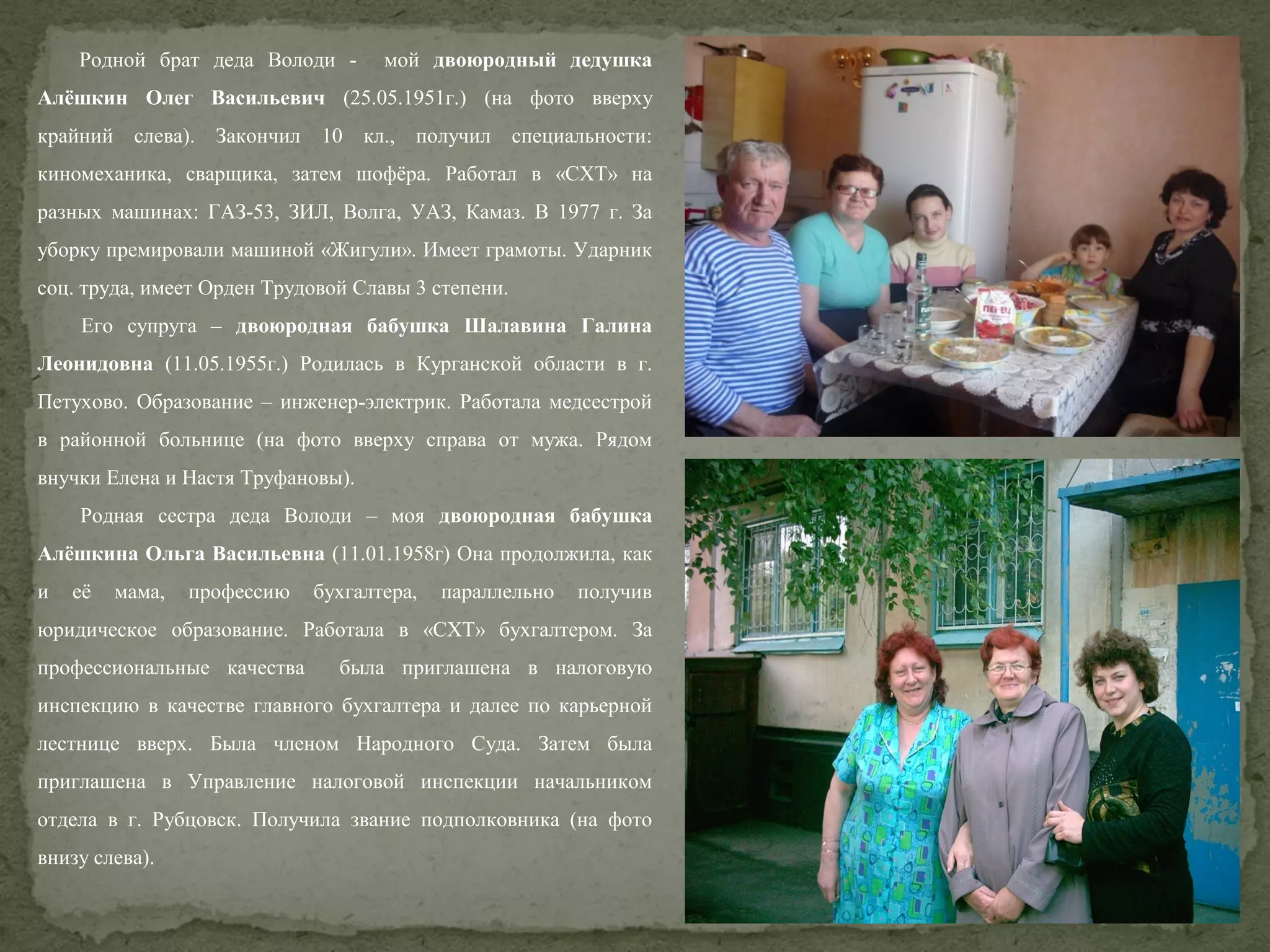 Родной брат деда Володи -

мой двоюродный дедушка

Алёшкин Олег Васильевич (25.05.1951г.) (на фото вверху
крайний слева). Закончил 10 кл., получил специальности:
киномеханика, сварщика, затем шофёра. Работал в «СХТ» на
разных машинах: ГАЗ-53, ЗИЛ, Волга, УАЗ, Камаз. В 1977 г. За
уборку премировали машиной «Жигули». Имеет грамоты. Ударник
соц. труда, имеет Орден Трудовой Славы 3 степени.
Его супруга – двоюродная бабушка Шалавина Галина
Леонидовна (11.05.1955г.) Родилась в Курганской области в г.
Петухово. Образование – инженер-электрик. Работала медсестрой
в районной больнице (на фото вверху справа от мужа. Рядом
внучки Елена и Настя Труфановы).
Родная сестра деда Володи – моя двоюродная бабушка
Алёшкина Ольга Васильевна (11.01.1958г) Она продолжила, как
и

её

мама,

профессию

бухгалтера,

параллельно

получив

юридическое образование. Работала в «СХТ» бухгалтером. За
профессиональные качества

была приглашена в налоговую

инспекцию в качестве главного бухгалтера и далее по карьерной
лестнице вверх. Была членом Народного Суда. Затем была
приглашена в Управление налоговой инспекции начальником
отдела в г. Рубцовск. Получила звание подполковника (на фото
внизу слева).

 