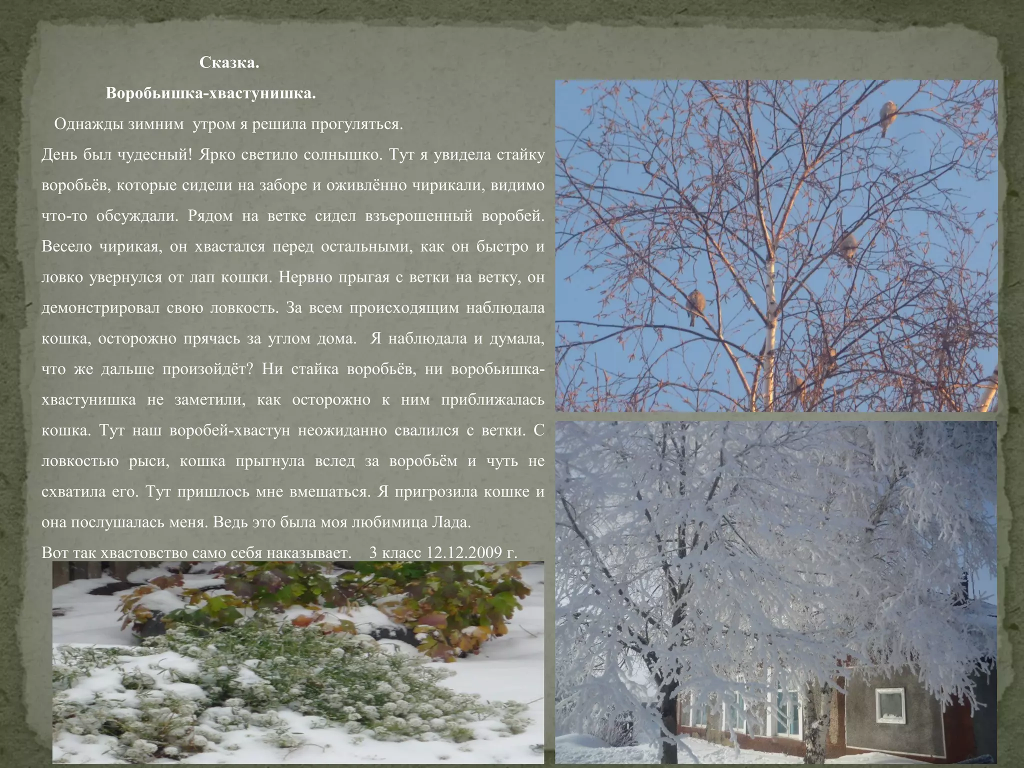Сказка.
Воробьишка-хвастунишка.
Однажды зимним утром я решила прогуляться.
День был чудесный! Ярко светило солнышко. Тут я увидела стайку
воробьёв, которые сидели на заборе и оживлённо чирикали, видимо
что-то обсуждали. Рядом на ветке сидел взъерошенный воробей.
Весело чирикая, он хвастался перед остальными, как он быстро и
ловко увернулся от лап кошки. Нервно прыгая с ветки на ветку, он
демонстрировал свою ловкость. За всем происходящим наблюдала
кошка, осторожно прячась за углом дома. Я наблюдала и думала,
что же дальше произойдёт? Ни стайка воробьёв, ни воробьишкахвастунишка не заметили, как осторожно к ним приближалась
кошка. Тут наш воробей-хвастун неожиданно свалился с ветки. С
ловкостью рыси, кошка прыгнула вслед за воробьём и чуть не
схватила его. Тут пришлось мне вмешаться. Я пригрозила кошке и
она послушалась меня. Ведь это была моя любимица Лада.
Вот так хвастовство само себя наказывает.

3 класс 12.12.2009 г.

 