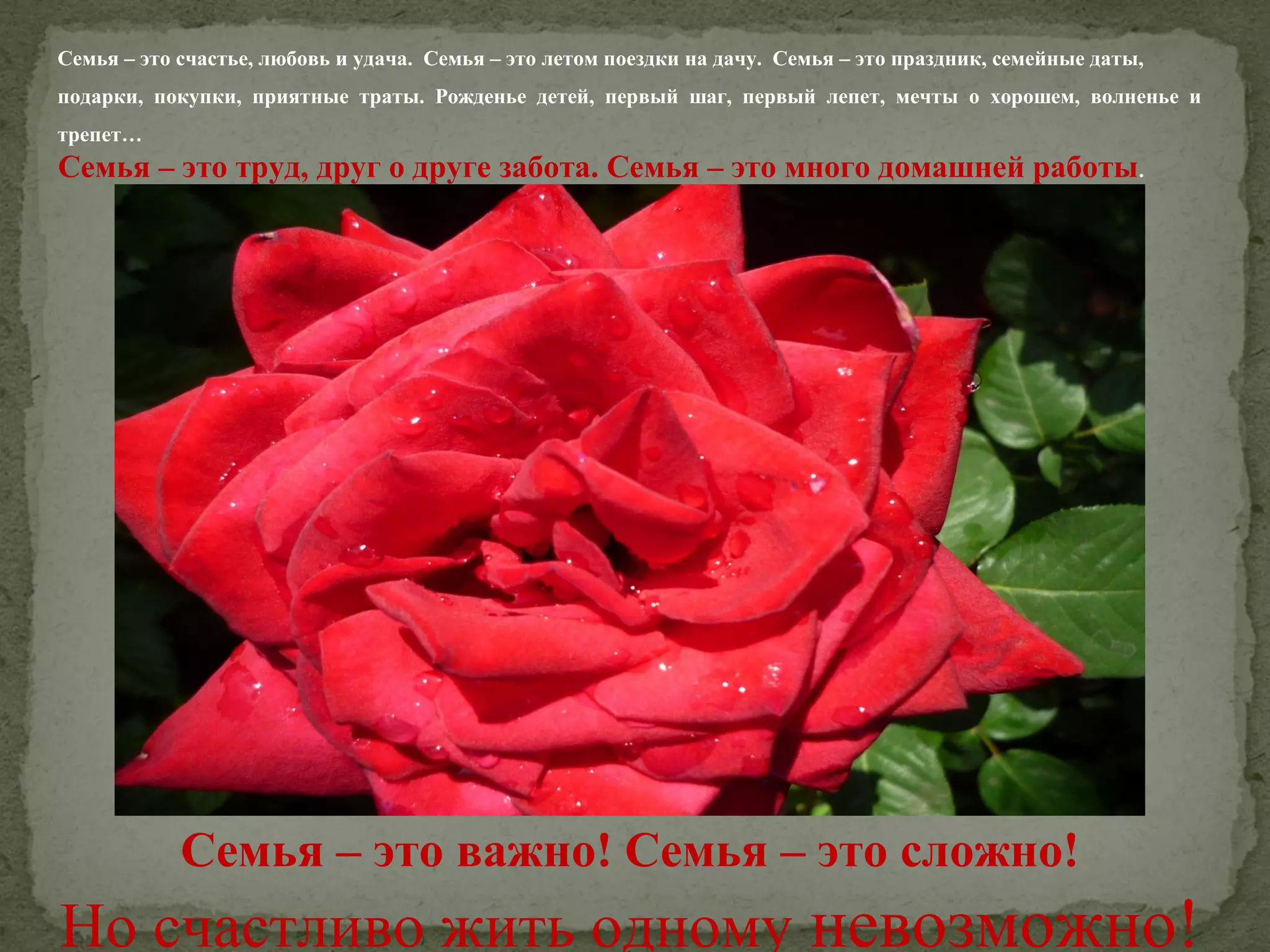 Семья – это счастье, любовь и удача. Семья – это летом поездки на дачу. Семья – это праздник, семейные даты,
подарки, покупки, приятные траты. Рожденье детей, первый шаг, первый лепет, мечты о хорошем, волненье и
трепет…

Семья – это труд, друг о друге забота. Семья – это много домашней работы.

Семья – это важно! Семья – это сложно!

Но счастливо жить одному невозможно!

 