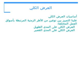‫العرض الكلي‬
‫أساسيات العرض الكلي‬
‫علينا التمييز بين نوعين من الطر الزمنية المرتبطة بأسواق‬
‫العمل المختلفة :‬
‫  العرض الكلي على المدى الطويل‬
‫  العرض الكلي على المدى القصير‬

 