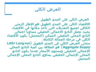 ‫العرض الكلي‬
‫العرض الكلي على المدى الطويل‬
‫القتصاد الكلي على المدى الطويل هو الطار الزمني‬
‫الكافي لجميع التعديلت التي تأخذ مكانها في القتصاد‬
‫بحيث تجعل الناتج الجمالي الحقيقي مساويا اجمالي‬
‫الناتج المحلي الحقيقي الممكن ) المحتمل ( يكون القتصاد‬
‫الكلي في مرحلة العمالة الكاملة .‬
‫منحنى العرض الكلي في المدى الطويل )‪LAS= Long-run‬‬
‫‪ ( Aggregate Supply‬هو العلقة بين كمية الناتج المحلي‬
‫الجمالي الحقيقي ومستوى السعار عندما يكون الناتج‬
‫المحلي الجمالي الحقيقي يساوي الناتج المحلي الجمالي‬
‫المحتمل.‬

 