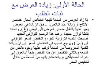 ‫الحالة الولى: زيادة العرض مع‬
‫ثبات الطلب‬

‫• إذا زاد العرض من السلعة تنتيجة اتنخفاض أسعار عناصر‬
‫التنتاج أو زيادة عدد البائعين ، .. فإن الزيادة في العرض‬
‫يعبر عنها باتنتقال منحنى العرض إلى اليمني )ع (. وتتحدد‬
‫ َ‬
‫تنقطة توازن جديدة. وعند هذا الوضع التوازتني الجديد‬
‫أصبحت الكمية التوازتنية أكبر ، و اتنخفض السعر التوازتني‬
‫إلى ) س ( ويرجع السبب في اتنخفاض السعر إلى أن زيادة‬
‫ َ‬
‫الكمية المعروضة من السلعة ترتب عليها وجود فائض من‬
‫السلعة وبالتالي للتخلص من هذا الفائض يلجأ البائعون إلى‬
‫إغراء المستهلكين بزيادة مشترياتهم من السلعة من خلل‬
‫تخفيض السعر‬

 