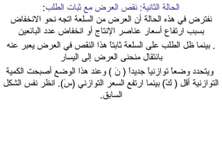 ‫الحالة الثانية: نقص العرض مع ثبات الطلب:‬
‫نفترض في هذه الحالة أن العرض من السلعة اتجه نحو النخفاض‬
‫بسبب ارتفاع أسعار عناصر النتاج أو انخفاض عدد البائعين‬
‫. بينما ظل الطلب على السلعة ثابتا هذا النقص في العرض يعبر عنه‬
‫ ً‬
‫بانتقال منحنى العرض إلى اليسار‬
‫ويتحدد وضعا توازنيا جديدا ) ن ( وعند هذا الوضع أصبحت الكمية‬
‫ ً  َ‬
‫ ً‬
‫ ً‬
‫التوازنية أقل ) ك( بينما ارتفع السعر التوازني )س(. انظر نفس الشكل‬
‫ َ‬
‫ ً‬
‫السابق.‬

 