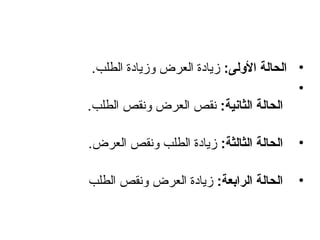 ‫• الحالة الولى : زيادة العرض وزيادة الطلب.‬
‫•‬
‫الحالة الثانية : نقص العرض ونقص الطلب.‬
‫•‬

‫الحالة الثالثة : زيادة الطلب ونقص العرض.‬

‫•‬

‫الحالة الرابعة : زيادة العرض ونقص الطلب‬

 