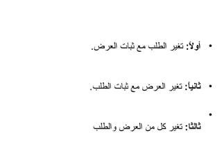 ‫• أوالت : تغير الطلب مع ثبات العرض.‬
‫ :ً‬

‫• ثانيات : تغير العرض مع ثبات الطلب.‬
‫ :ً‬
‫•‬
‫ثالثات : تغير كل من العرض والطلب‬

 