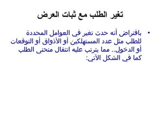 ‫تغير الطلب مع ثبات العرض‬
‫• بافتراض أنه حدث تغير في العوامل المحددة‬
‫للطلب مثل عدد المستهلكين أو الوذواق أو التوقعات‬
‫أو الدخول.. مما يترتب عليه انتقال منحنى الطلب‬
‫كما في الشكل التي:‬

 