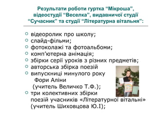 Результати роботи гуртка “Мікроша”,
відеостудії “Веселка”, видавничої студії
“Сучасник” та студії “Літературна вітальня”:










відеоролик про школу;
слайд-фільми;
фотоколажі та фотоальбоми;
комп’ютерна анімація;
збірки серії уроків з різних предметів;
авторська збірка поезій
випускниці минулого року
Фори Аліни
(учитель Величко Т.Ф.);
три колективних збірки
поезій учасників «Літературної вітальні»
(учитель Шиховцова Ю.І);

 