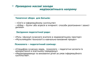 

Проведено масові заходи
медіаосвітнього напряму
Тематичні збори для батьків:
- «Сім’я в інформаційному суспільстві»
- «Кібер – булінг або агресія в інтернеті: способи розпізнання і захист
дитини»
Засідання педагогічної ради:

- «Роль і функції сучасного вчителя в медіаосвітньому просторі»
- «Мультимедійні технології в навчально-виховний процес»
Психолого – педагогічний семінар:
- «Специфіка сучасних медіа, психолого – педагогічні аспекти їх
використання в освітньому середовищі»
- «Медіасередовище та виховання дітей за умов інформаційного
суспільства».

 