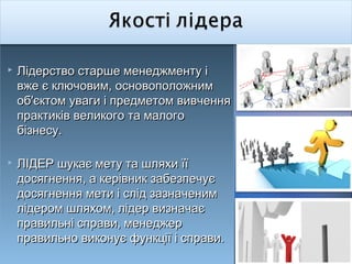 



Лідерство старше менеджменту і
вже є ключовим, основоположним
об'єктом уваги і предметом вивчення
практиків великого та малого
бізнесу.
ЛІДЕР шукає мету та шляхи її
досягнення, а керівник забезпечує
досягнення мети і слід зазначеним
лідером шляхом, лідер визначає
правильні справи, менеджер
правильно виконує функції і справи.

 